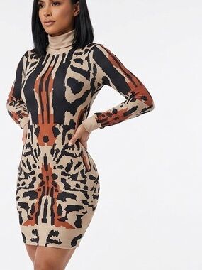 Stretchy Animal Print Long Sleeve Dress - Ribbed Turtleneck Bodycon Mini